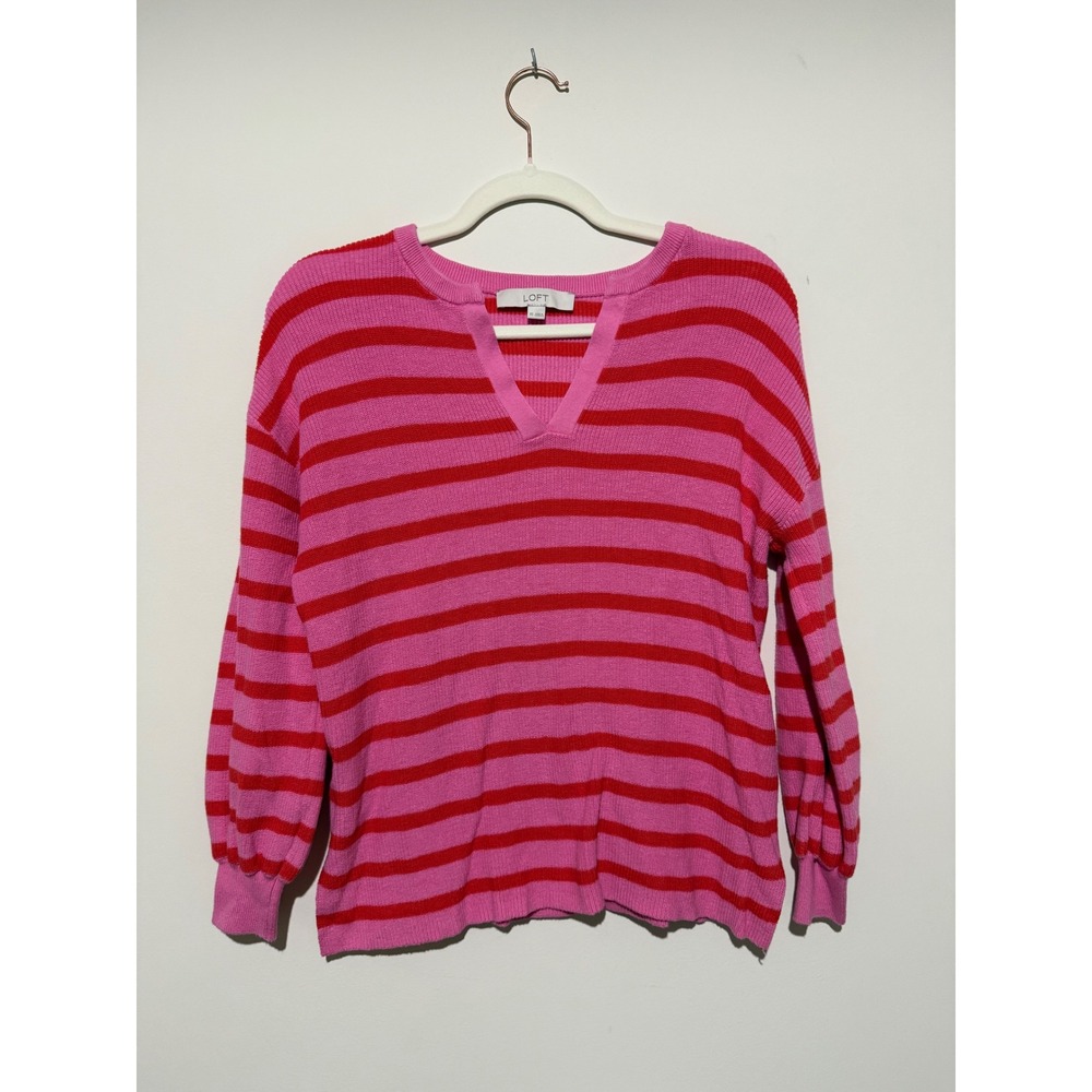 Loft Womens Pink Red Striped Cotton Knit V-Neck Puff Sleeve Sweater XS